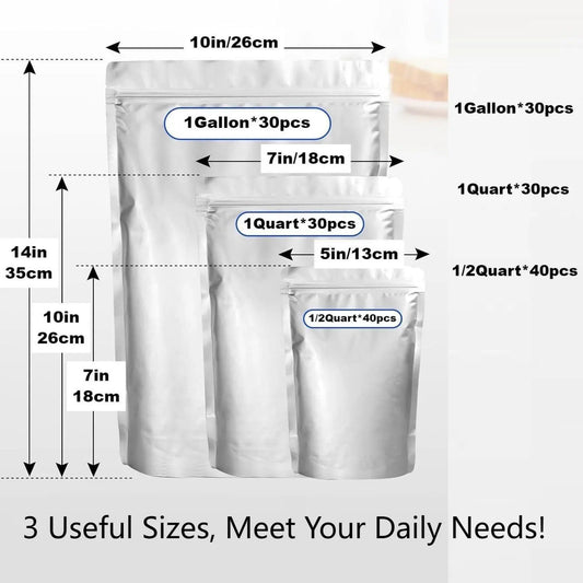 100-Pcs Multi-Size Thick Mylar Film Food Storage Bags Set - 6/8/10 Mil Resealable Zip Lock, Heat-Seal Upright, Dual Seal Reusable Containers, 1 qt, for Pantry Organizing, Kitchen Meal Prepping, Camping, Tear-Resistant Dry Goods