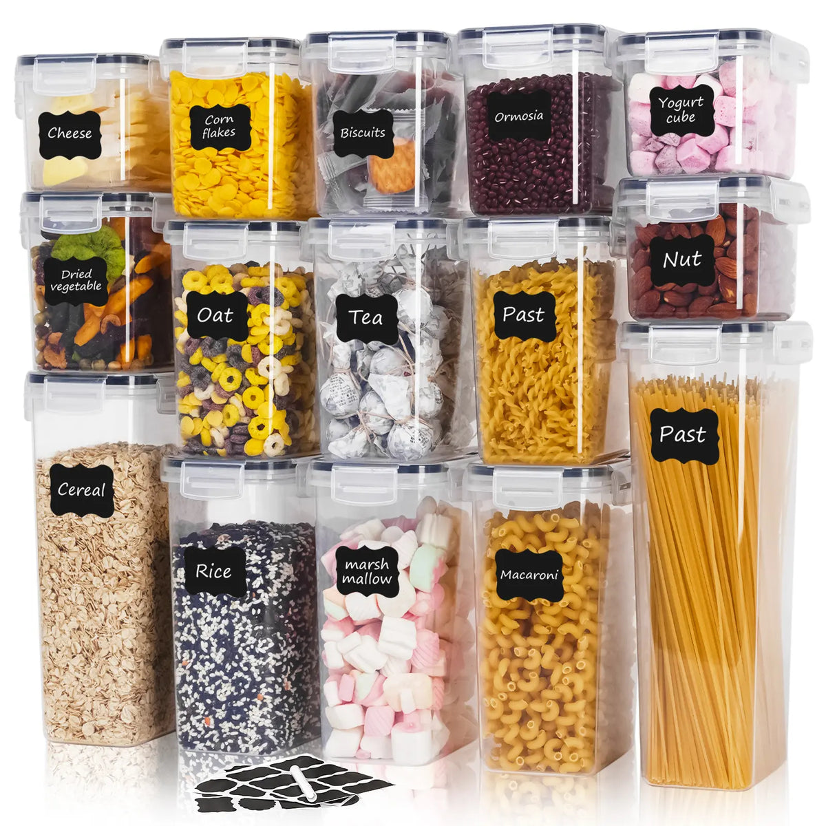 60/30/14 Pcs Clear Plastic Pantry Storage Containers Set, 30/15/7Jar+30/15/7Lids Airtight BPA Free Food Organization Set, Multi-Size Meal Prep Containers for Cereal, Rice, Pasta & Snacks