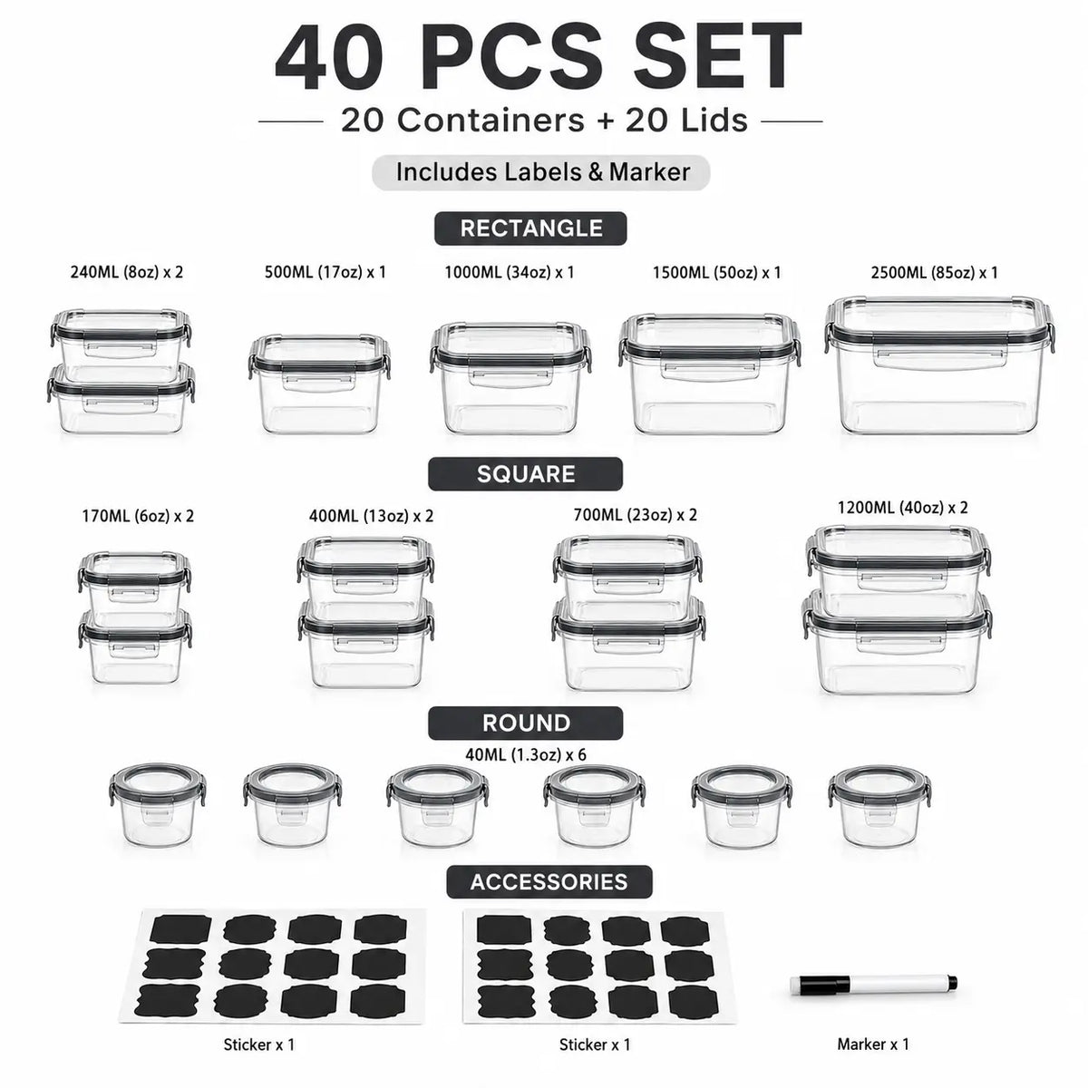 AISOON 40-Piece Rectangular Plastic Airtight Food Storage Containers Set (20 Containers + 20 Lids) - Leak-Proof, Reusable, Microwave & Dishwasher Safe for Lunch Packing, Packing Lunch for My Kid, Food Hacks