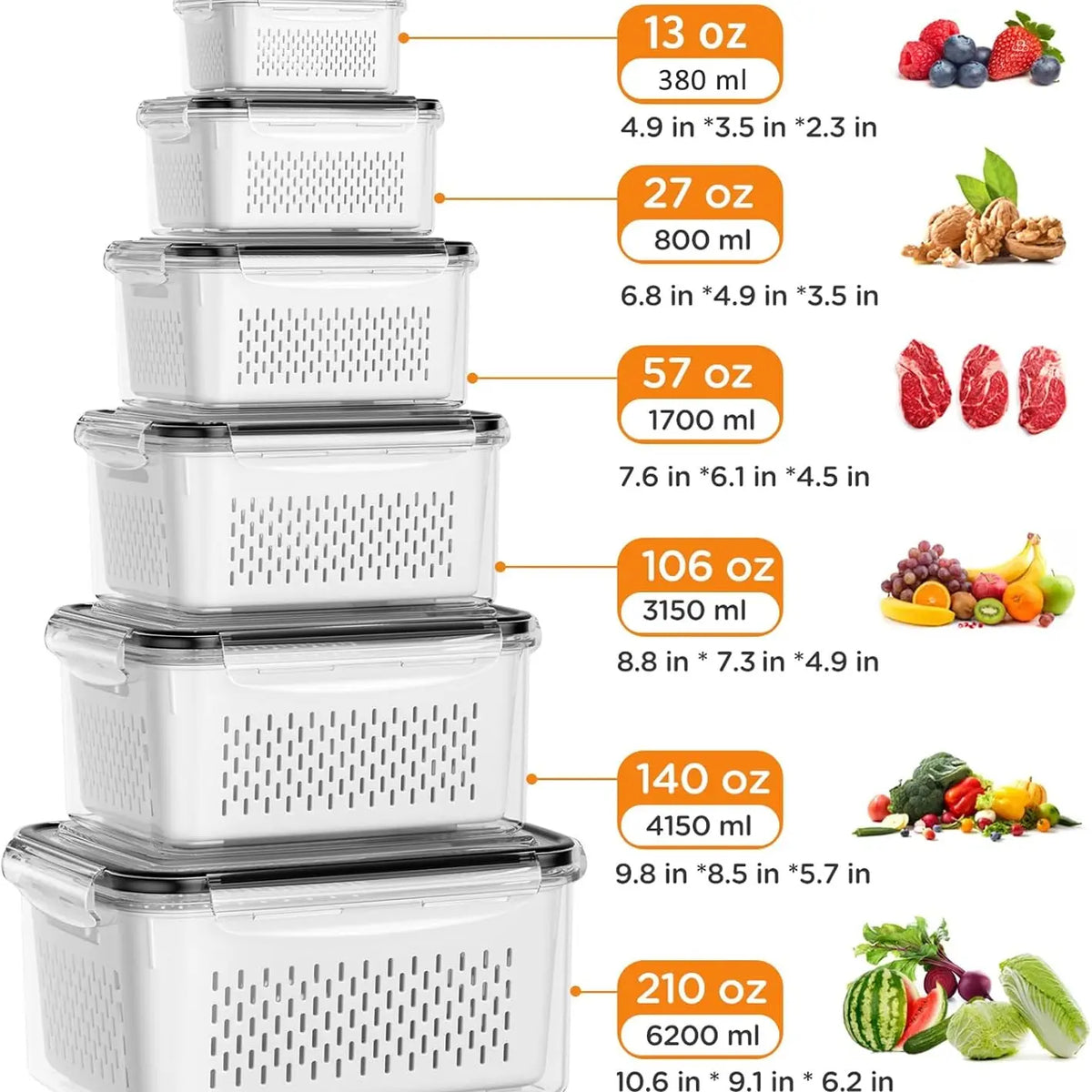 8/10/12 Pcs Large Fruit Containers for Fridge, Stackable Food Storage Containers with Removable Colander, BPA-Free, Airtight Storage Container to Keep Fruits, Vegetables, Berry, Meat Fresh longer