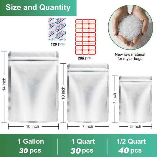 100 Mylar Food Storage Bags w/O2 Absorbers+ 144 Labels | Stand-Up Zipper for Long-Term Storage & Preppers Aluminum Containers Kitchen Utensils