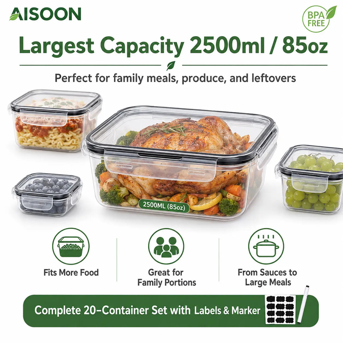 AISOON 40 PCS Extra Large 85oz Silicone Airtight Food Storage Containers Set (20 Containers + 20 Lids) - Square, Round, Rectangular, Nestable Shapes, Leakproof, Reusable, Microwave & Dishwasher Safe, Labels & Pen for Fridge Organization, Home Meal Prep