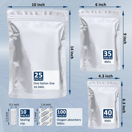 100 Pack Mylar Bags with 300cc Oxygen Absorbers for Food Storage