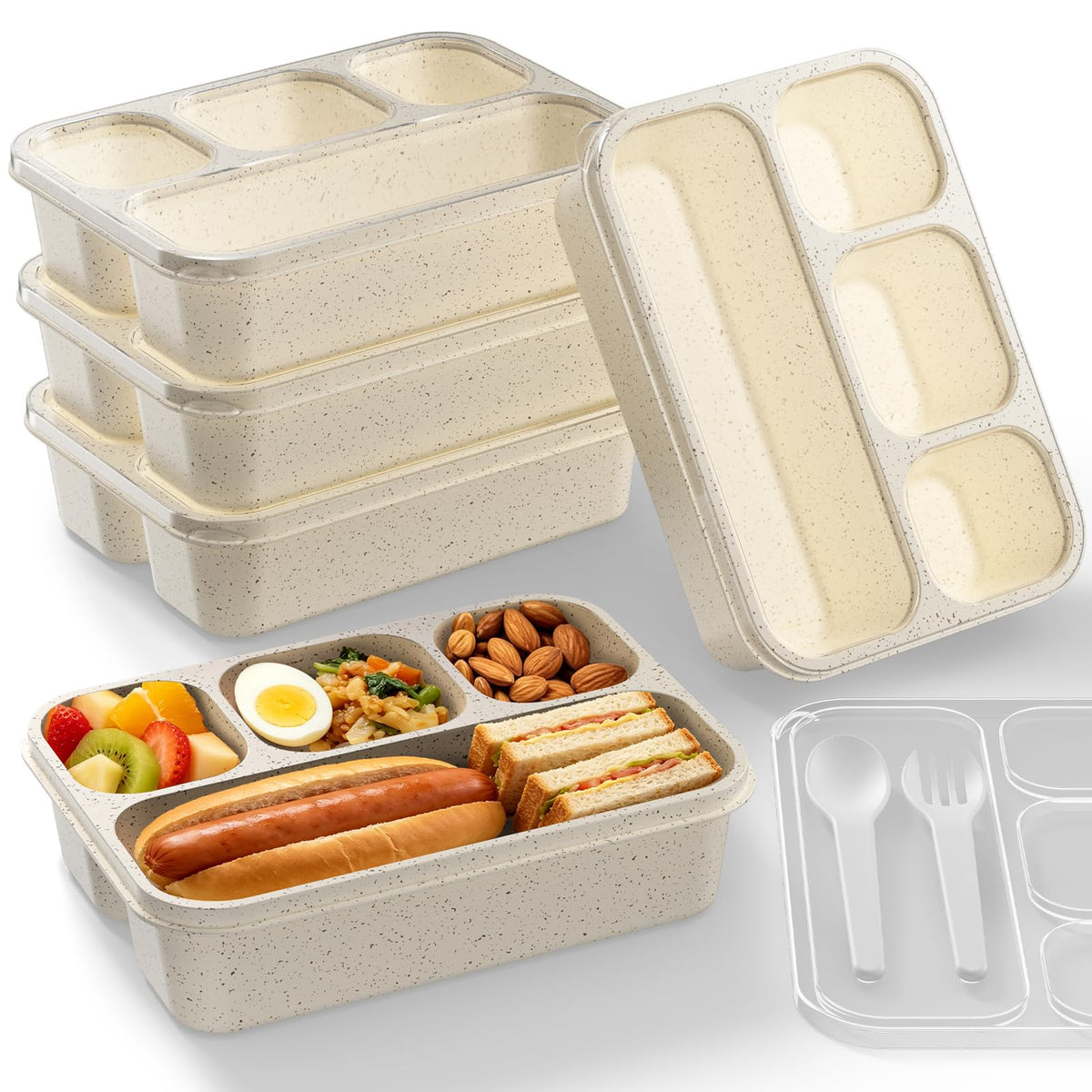 Bento Box 5-Pack, 4-Compartment Lunch Box for Women, Men & Kids, BPA-Free Wheat Straw Snack Containers, Ideal for Meal Prep, Travel, School, Work (White)