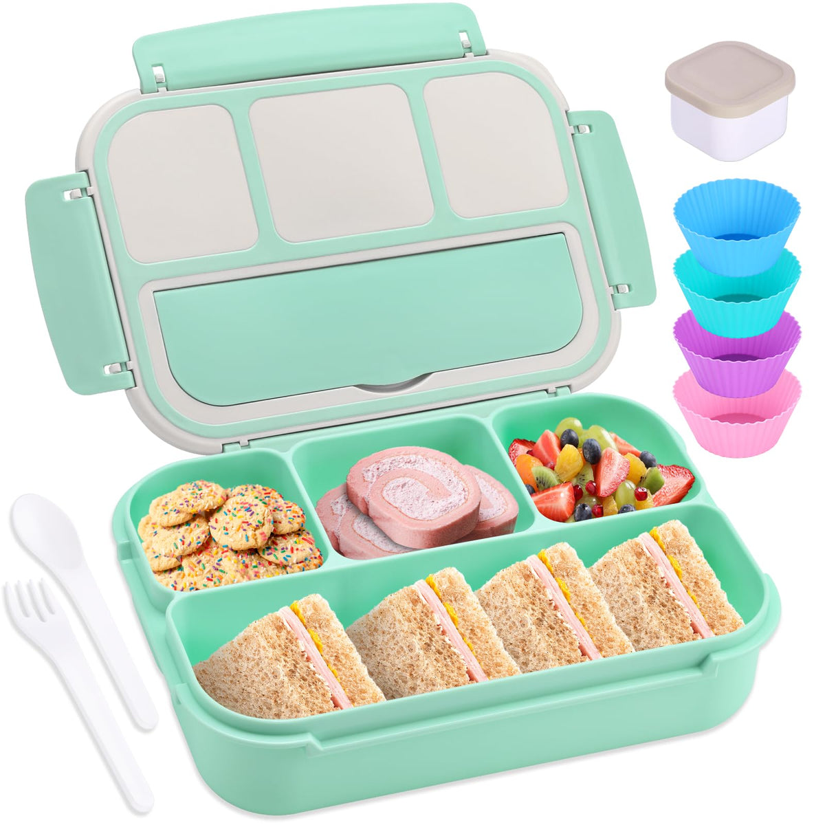 Bento Box Adult Lunch Box, Containers for Adults Men Women with 4 Compartments, Lunchable Food Container with Utensils, Sauce Jar, Muffin Liners, 40 Oz/5 Cup, Microwave & Dishwasher Safe, Brown