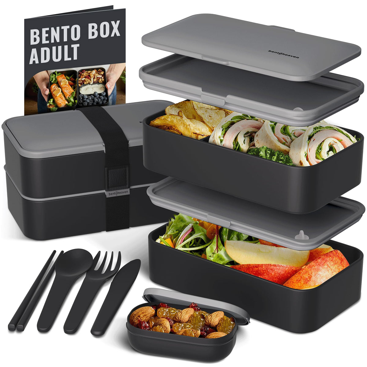 Bentoheaven Bento Box Adult, Stackable Lunch Box, 40 oz, Symph Onyx