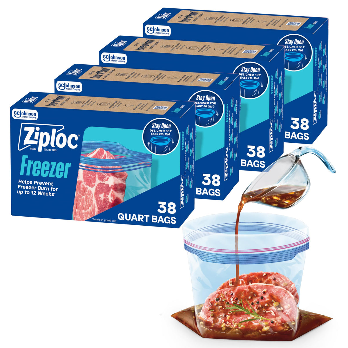 Ziploc Quart Freezer Bags, Food Storage, 152 Total Bags (38 Count, 4-Pack)