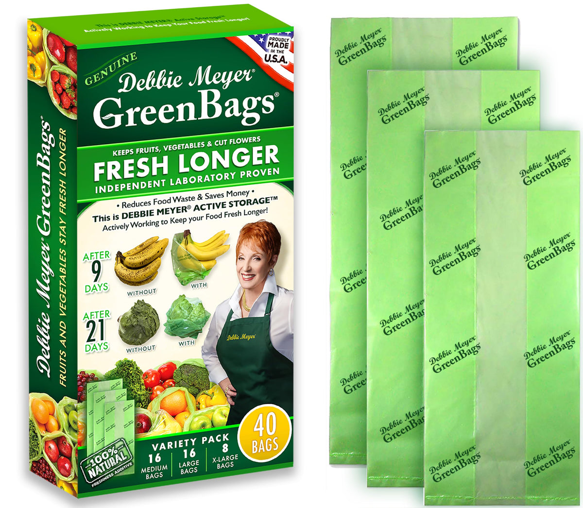 Debbie Meyer GreenBags, 32-Pack (16M, 8L, 8XL), Reusable Food Storage Bags