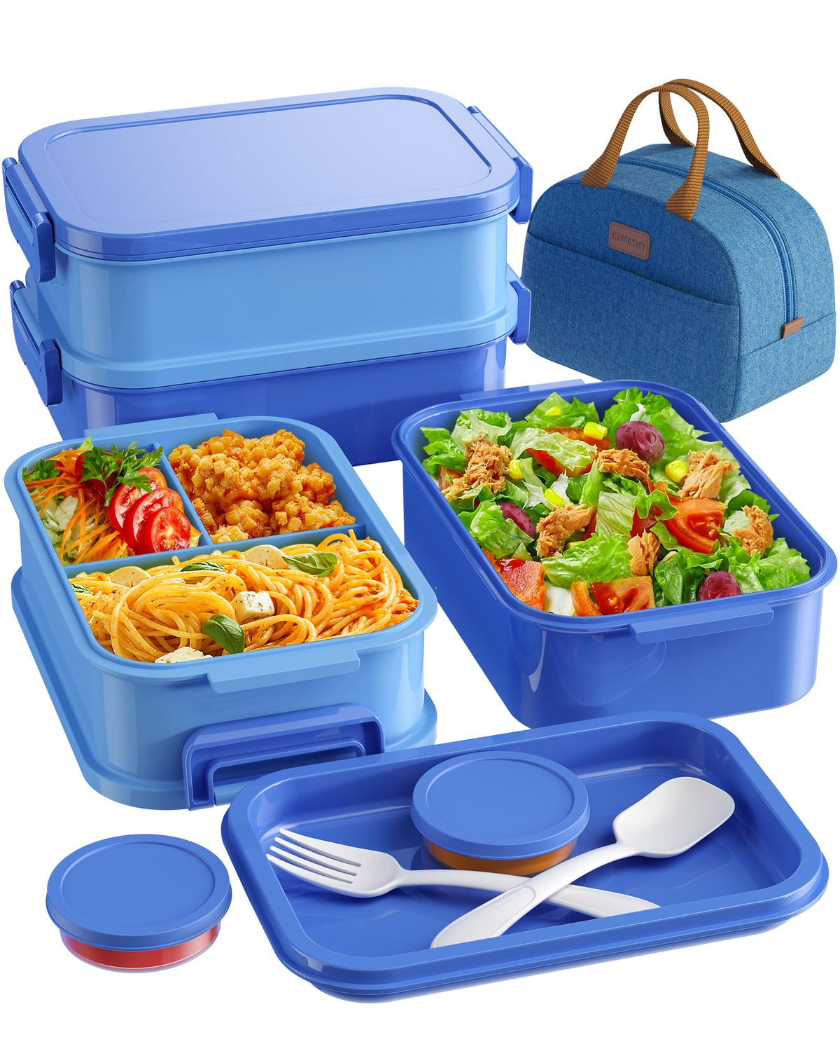 KEMETHY Adults Bento Lunch Box Set with Thermo Bag, 74oz Stackable Leak-proof 3-tiers Bento Box, Built-in Utensil and Sauce Container for Work, School, Dining Out (Green)