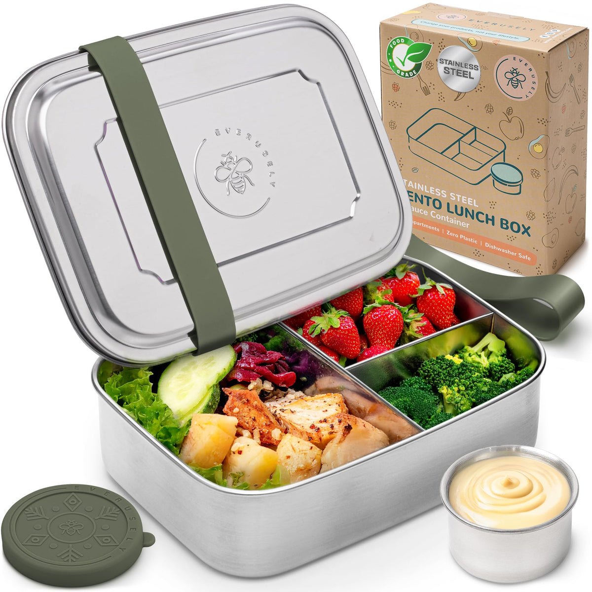 Stainless Steel Bento Box + Condiment Container - Green, 27oz / 0.8 L