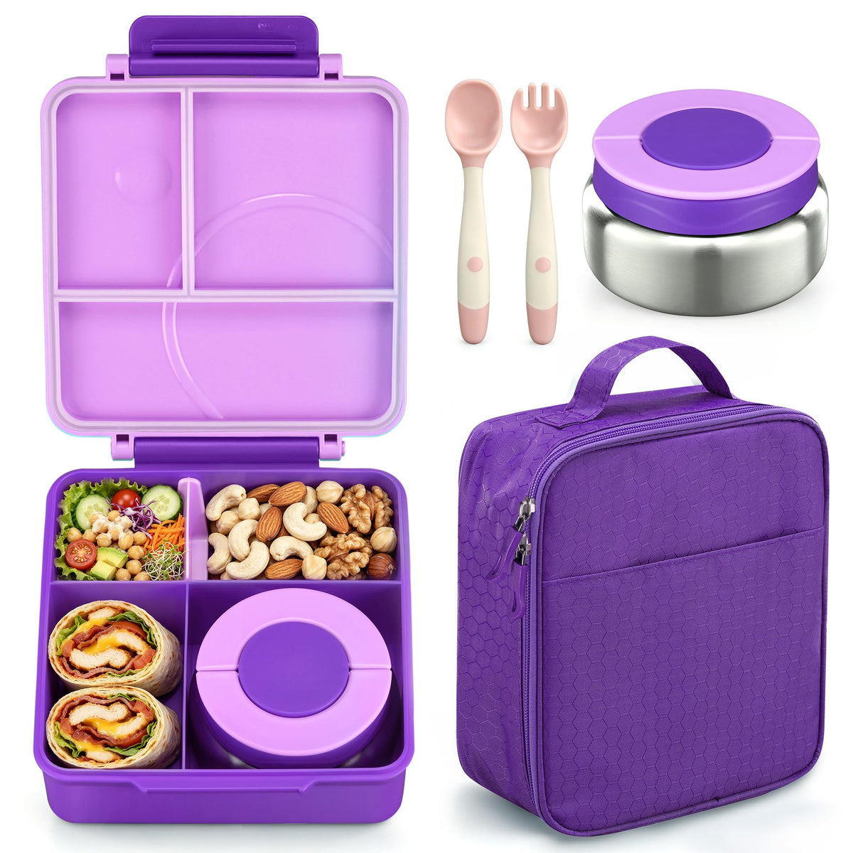 Bento Lunch Box Set for Kids with 8oz Soup Thermo, Leak-Proof Lunch Containers with 4 Compartment, Kids Thermo Hot Food Jar and Insulated Lunch Bag for Kid to School-Blue