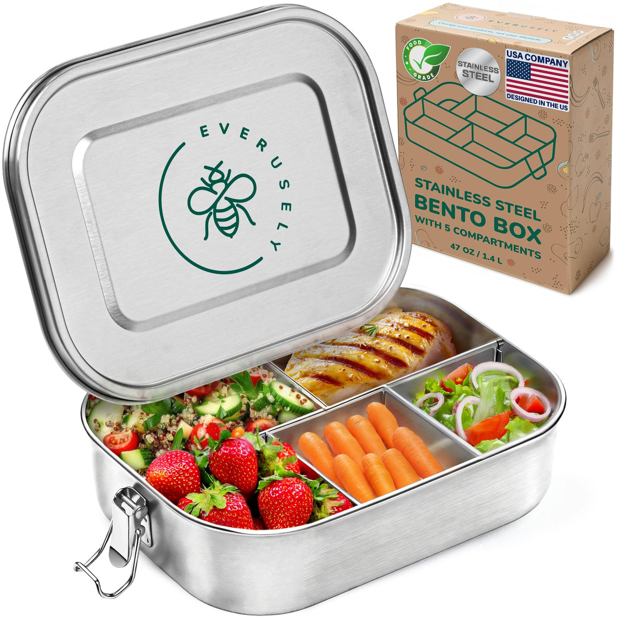 Bento Box - 47 oz - 5 Compartment Bento Box - Metal Lunch Box w/ Lock Clips