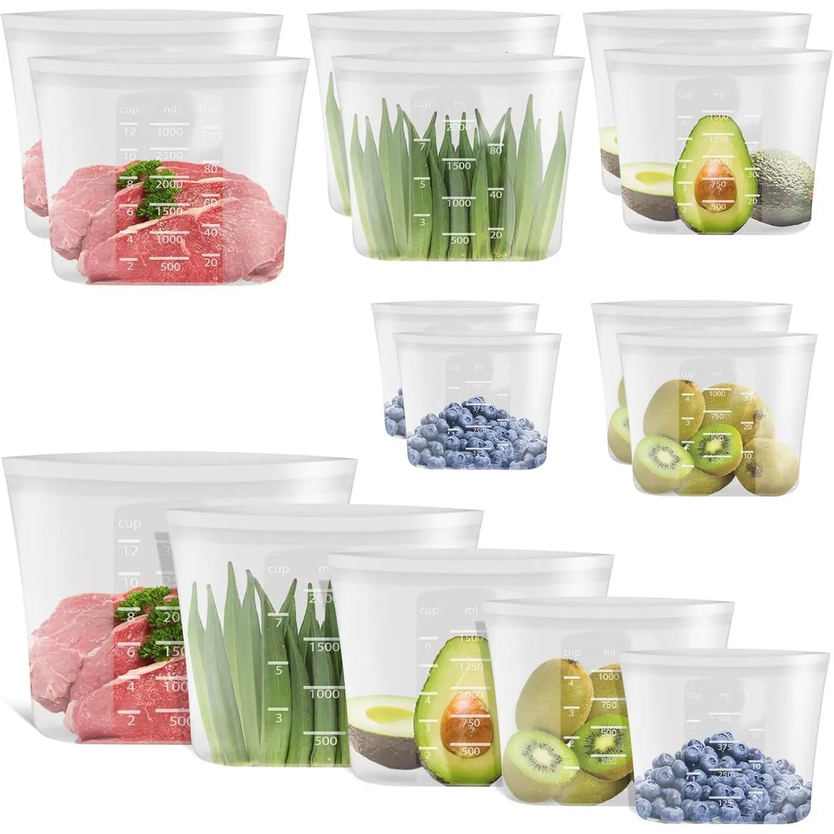 100% Platinum Silicone Reusable Storage Bags for Pet Supplies & Kitchen, 12-Pack Flexible Wide-Mouth Zip-Lock Containers, Stand-Up, Freezer-Microwave-Oven-Dishwasher Safe, 4M+4S+4XS, Crystal-Clear (Kids-Friendly)