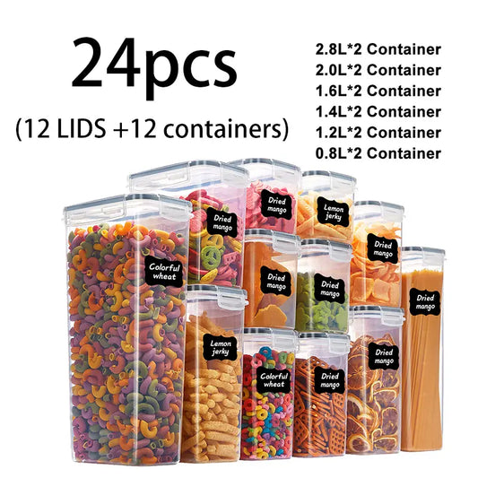 24pcs Plastic Airtight Varied Sizes Stackable Storage Containers Set - Kitchen Gadgets Food Storage Organizer, House Organizers with Labels & Markers, Dishwasher Safe for Cereal, Pasta,sohochic