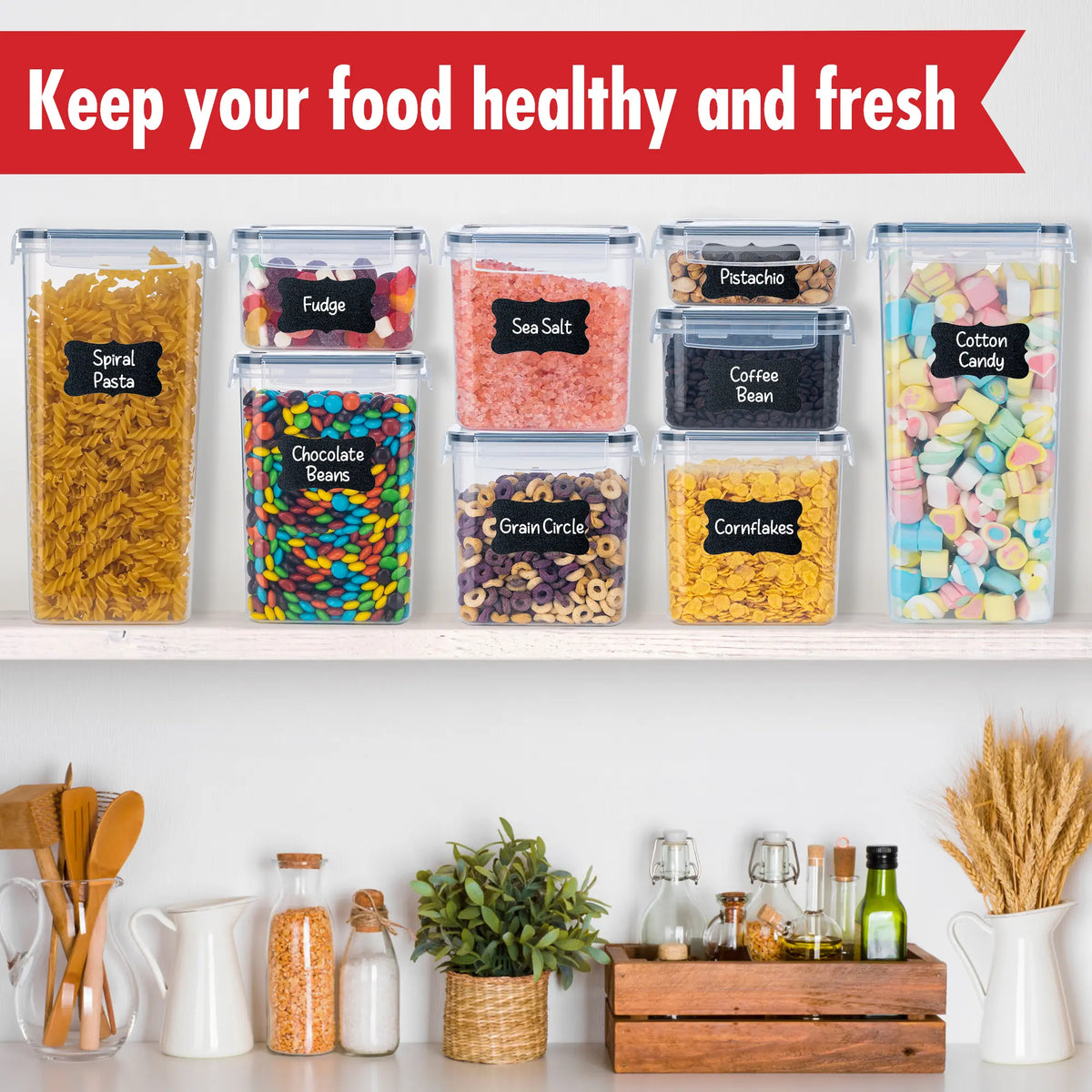 30-Pack BPA-Free Durable Plastic Airtight Food Storage Containers Set with Lids - Organized Food Storage Jars, Various Volumes (0.52L, 2.0L) Stackable for Kitchen & Pantry Organization (Fits Pasta, Utensils)
