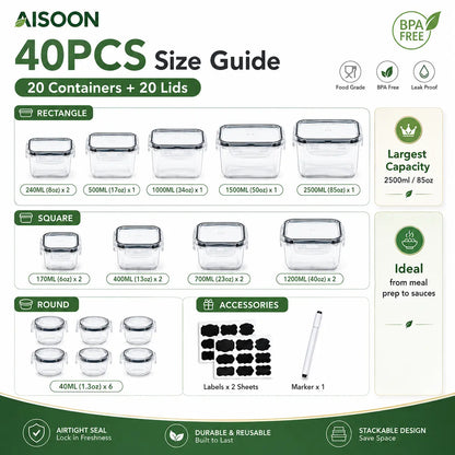 AISOON 40 PCS Extra Large 85oz Silicone Airtight Food Storage Containers Set (20 Containers + 20 Lids) - Square, Round, Rectangular, Nestable Shapes, Leakproof, Reusable, Microwave & Dishwasher Safe, Labels & Pen for Fridge Organization, Home Meal Prep