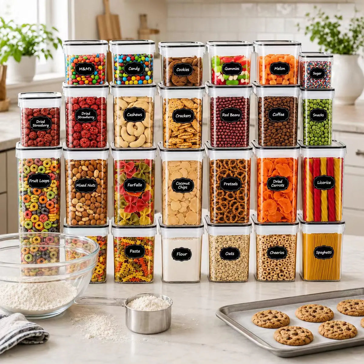 Large Airtight Food Storage Container - Clear Plastic Pantry Organizer for Grains, Cereal & Dry Goods, Stackable Kitchen Canister