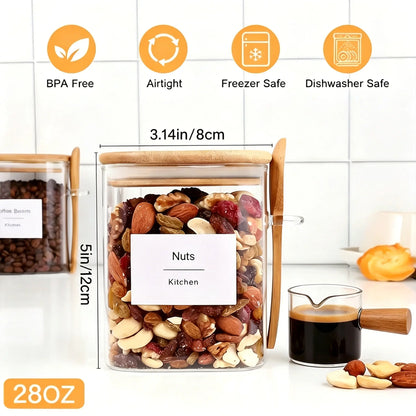Aesthetic 4-Piece Glass Kitchen Canisters Set, 28oz Airtight Storage Jars with Bamboo Insulated Lids & Silicone Seals, Wooden Kitchen Accessories for Coffee, Sugar Organization High Capacity Container Utensils