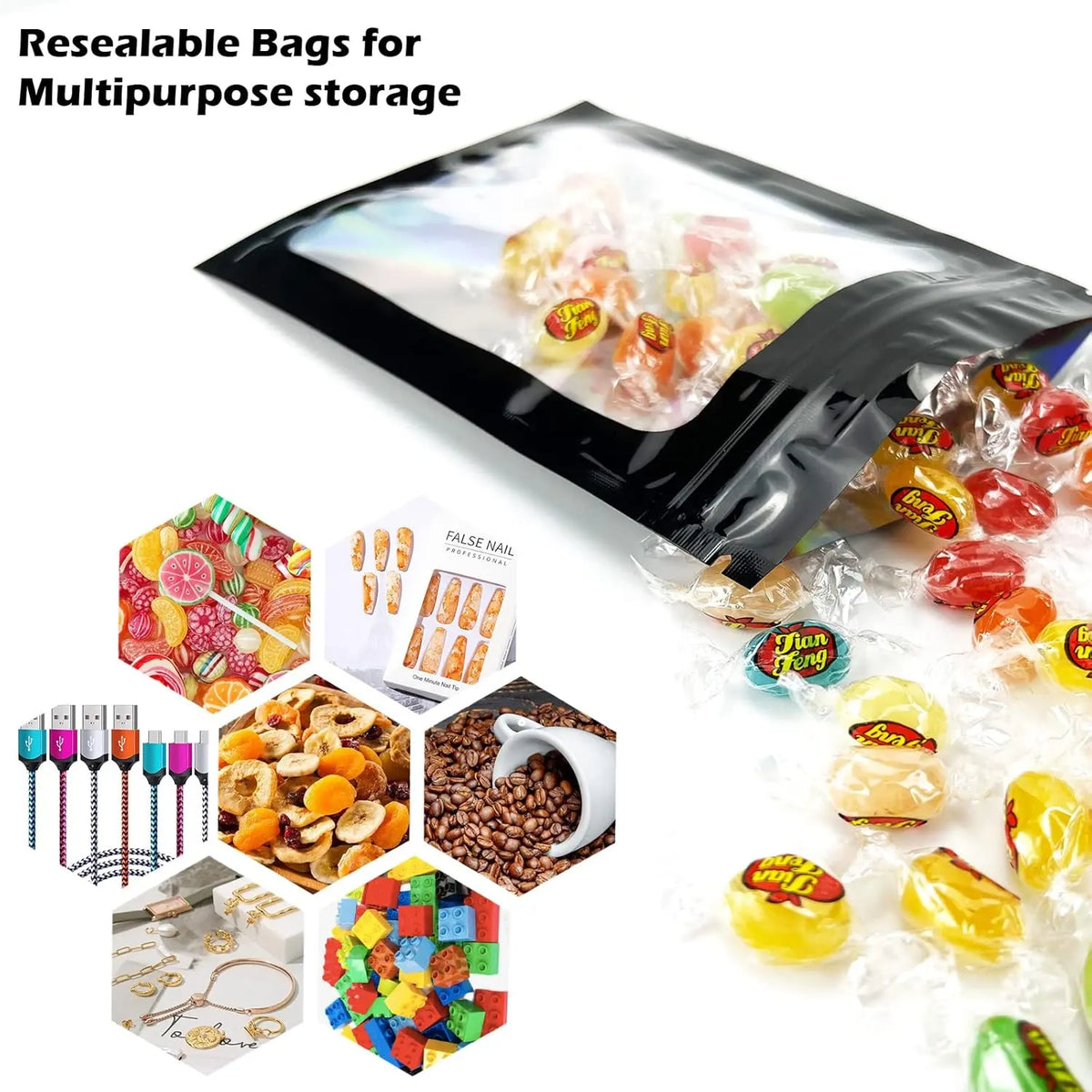 300PCS Black Holographic Mylar Zipper Bags - 3 Sizes Resealable Smell-Proof Pouches with See-Through Window, Manual Sealing & Heat Sealing for Home Supplies, Dried Fruit, Cookies, Nuts Storage