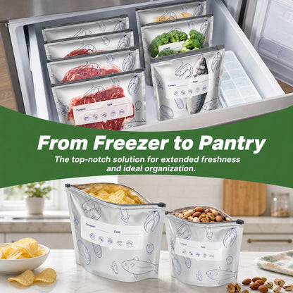 60 PCS 3 Size Reusable Preservation Bags, Airtight Vacuum Sealer Food Storage Bags, Leak Proof Freezer Safe, Stand Up Foil Sealable Pouches for Meal Prep, Pantry Organization, Travel Snacks