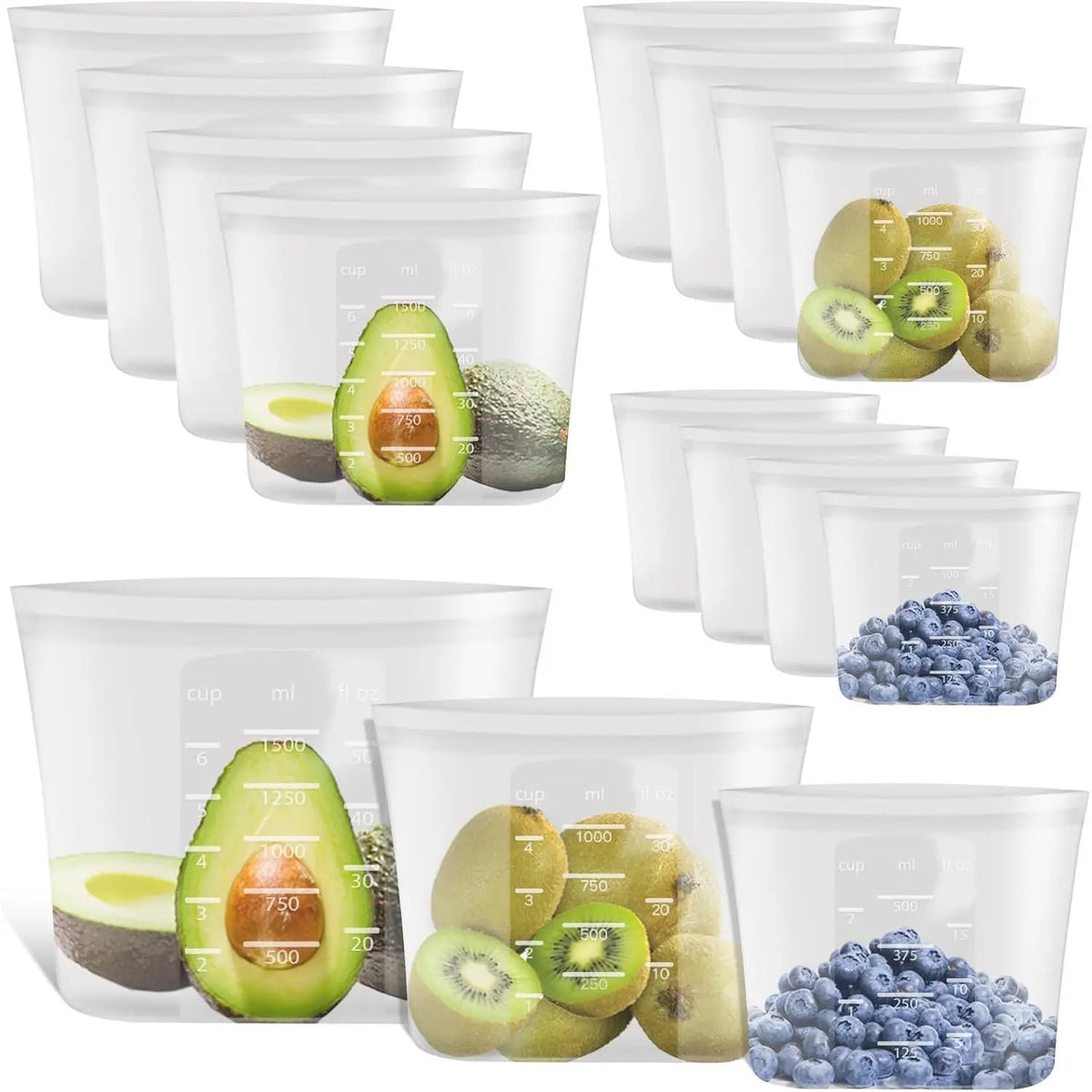 100% Platinum Silicone Reusable Storage Bags for Pet Supplies & Kitchen, 12-Pack Flexible Wide-Mouth Zip-Lock Containers, Stand-Up, Freezer-Microwave-Oven-Dishwasher Safe, 4M+4S+4XS, Crystal-Clear (Kids-Friendly)