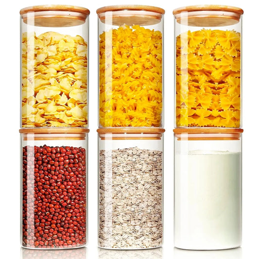 6 Pcs Clear Glass Canisters with Airtight Bamboo Lids for Kitchen & Pantry
