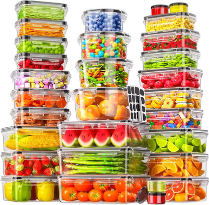 AISOON Airtight Food Storage Kit (50 Pcs/25 Pack), Kitchen Gadgets Meal Prep Containers, Reusable Leak-Proof Stackable BPA-Free Transparent Plastic Snack Boxes with Silicone Lids, Stackable Fridge Organizer