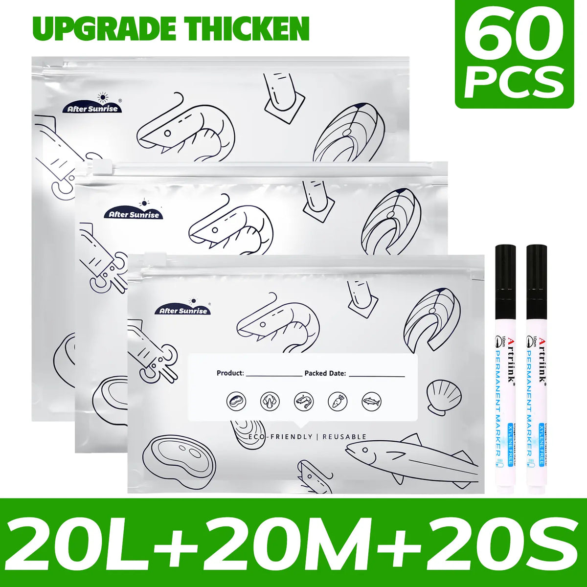 【Refrigerated Food】Reusable Aluminum Foil Sealable Storage Bags, Aftersunrise 2026 New Resealable Vacuum Zipper Pouches for Food, Stand Up Foil Sealable Bags with Label and Zip Lock for Vegetable Fruit Meat