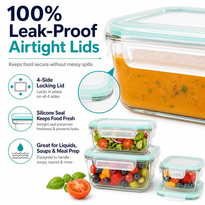 [AISOON Free Gift] 8-Pack Borosilicate Glass Food Storage Containers (8 + 1 Utensil) - Stackable, Airtight BPA-Free Kitchenware, Square Snack Box, Healthy Eating Cereal Containers, Oven-Microwave-Freezer-Dishwasher Safe