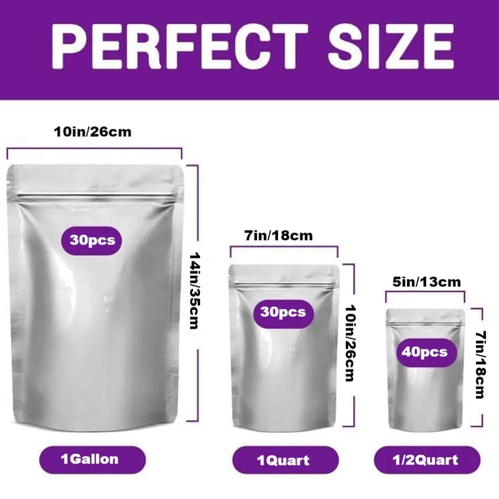 100-Pcs Multi-Size Thick Mylar Film Food Storage Bags Set - 6/8/10 Mil Resealable Zip Lock, Heat-Seal Upright, Dual Seal Reusable Containers, 1 qt, for Pantry Organizing, Kitchen Meal Prepping, Camping, Tear-Resistant Dry Goods