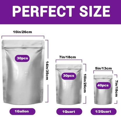 100-Pcs Multi-Size Thick Mylar Film Food Storage Bags Set - 6/8/10 Mil Resealable Zip Lock, Heat-Seal Upright, Dual Seal Reusable Containers, 1 qt, for Pantry Organizing, Kitchen Meal Prepping, Camping, Tear-Resistant Dry Goods