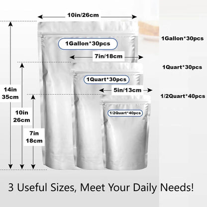 100-Pcs Multi-Size Thick Mylar Film Food Storage Bags Set - 6/8/10 Mil Resealable Zip Lock, Heat-Seal Upright, Dual Seal Reusable Containers, 1 qt, for Pantry Organizing, Kitchen Meal Prepping, Camping, Tear-Resistant Dry Goods