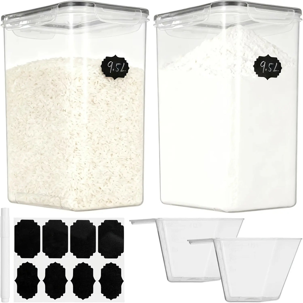 9.5L Extra Large Airtight Flour Sugar Rice Storage Containers Set of 2 - Plastic Kitchen Pantry Organization Canisters with Airtight Lids, Marker & Labels, Kitchen Accessories, Plastic Canisters