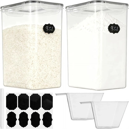 9.5L Extra Large Airtight Flour Sugar Rice Storage Containers Set of 2 - Plastic Kitchen Pantry Organization Canisters with Airtight Lids, Marker & Labels, Kitchen Accessories, Plastic Canisters