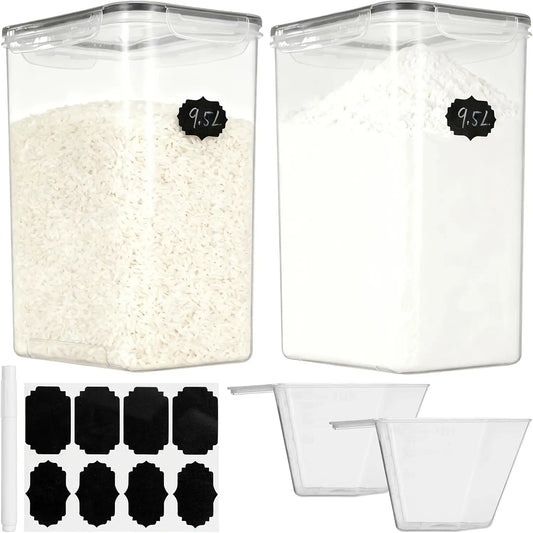 9.5L Extra Large Airtight Flour Sugar Rice Storage Containers Set of 2 - Plastic Kitchen Pantry Organization Canisters with Airtight Lids, Marker & Labels, Kitchen Accessories, Plastic Canisters