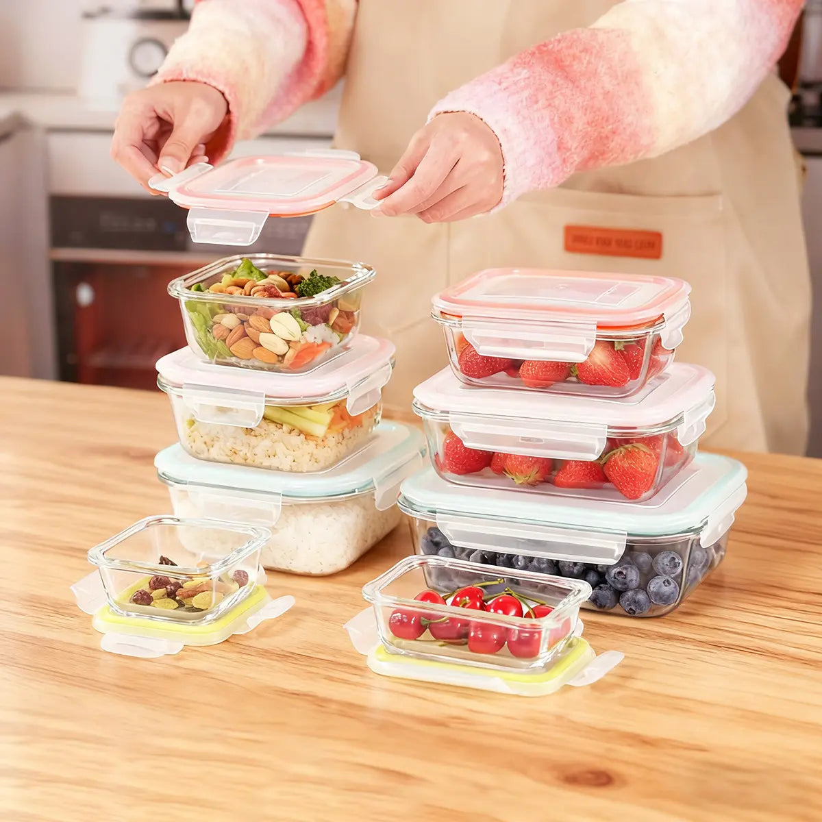 8-Pack Premium Multi-Size Glass Kitchen Storage Containers Set - Airtight BPA-Free Silicone Lids, Stain-Resistant, Easy-Clean, Stackable, Freshness-Maintaining - Microwave, Oven, Freezer, Dishwasher Safe for Meal Prep, Fridge Organization, Food Hacks,soho