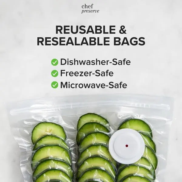 Chef Preserve Reusable Vacuum Sealer Bags for Food - 30 BPA-Free Small (8 x 10 in) Food Storage Bags, Freezer, Microwave - Odor-Resistant, Leak-Proof - Compatible with Chef Preserve Vacuum Sealers