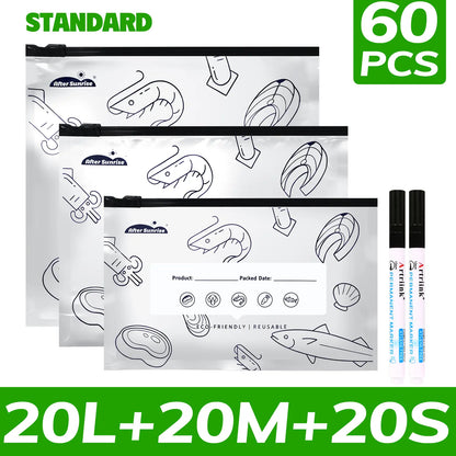 【Refrigerated Food】Reusable Aluminum Foil Sealable Storage Bags, Aftersunrise 2026 New Resealable Vacuum Zipper Pouches for Food, Stand Up Foil Sealable Bags with Label and Zip Lock for Vegetable Fruit Meat