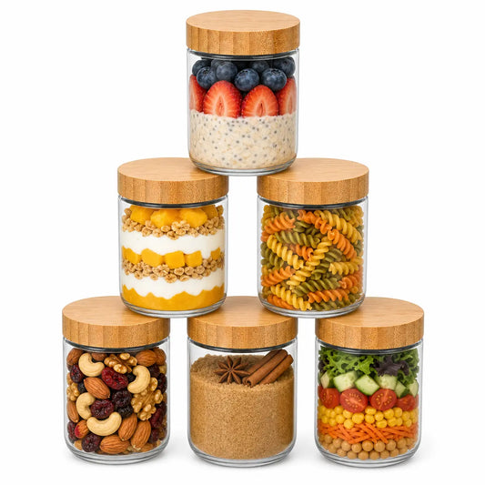 YUNCANG 6-Pack 16oz Wide Mouth Round Glass Jars with Airtight Bamboo Lids, Overnight Oats Jars & Picnic-Ready Canisters, Spice Stays Sealed Food Storage for Sugar Snacks Yogurt Meal Prep Kitchen, Canister,sohochic
