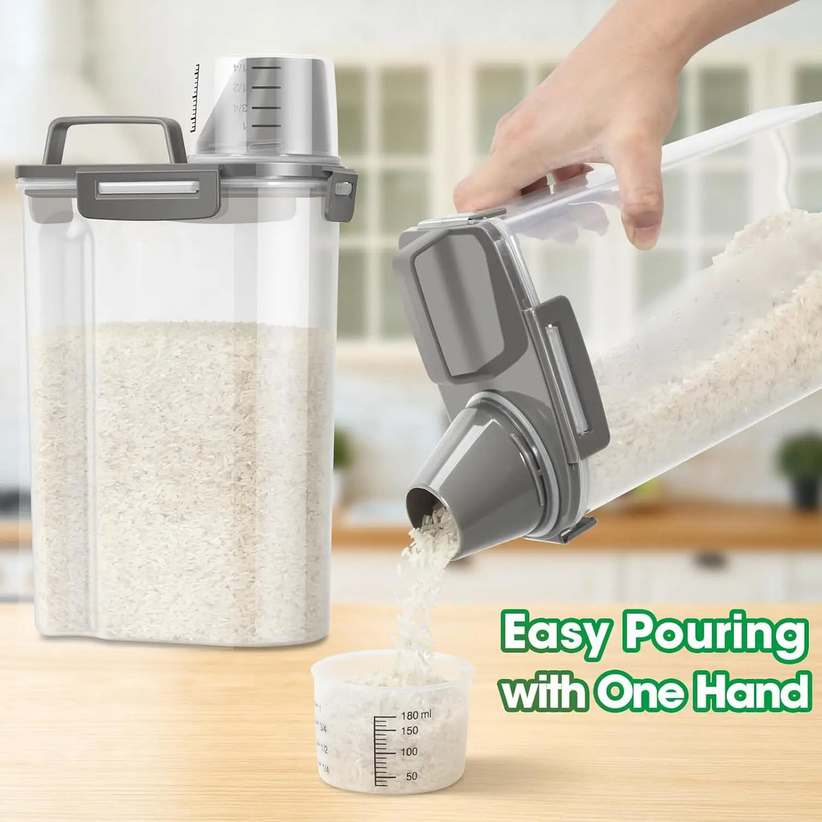 4-Pack Functional Airtight BPA-Free Plastic Rice Storage Canisters with Handles & Measuring Cups, Kitchen Gadgets Pantry Storage Containers for Flour, Beans, Dry Foods