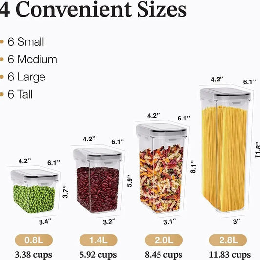 24pcs Multi-Size Airtight Stackable Plastic Food Storage Container Set Bundle - Snack Container, Pasta Jar, Secure Lid, Kitchen Organizer, Food Cover, Incl. Labels & Marker, Helps Keep Snacks and Grains Fresher for Pantry Use