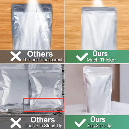 100 Mylar Food Storage Bags w/O2 Absorbers+ 144 Labels | Stand-Up Zipper for Long-Term Storage & Preppers Aluminum Containers Kitchen Utensils