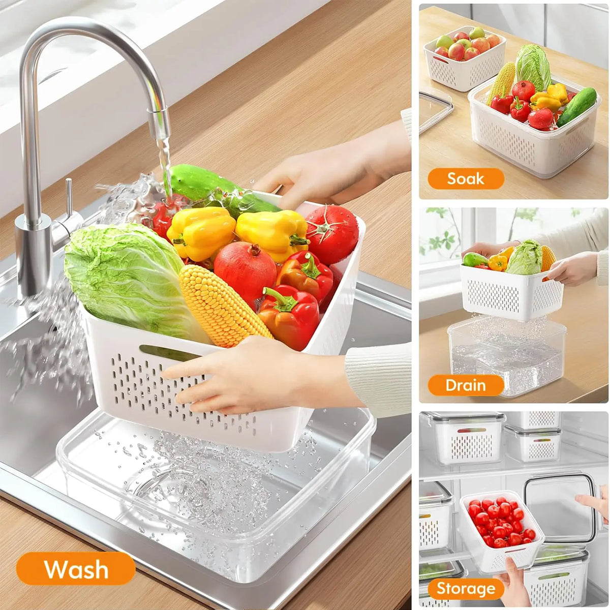 8/10/12 Pcs Large Fruit Containers for Fridge, Stackable Food Storage Containers with Removable Colander, BPA-Free, Airtight Storage Container to Keep Fruits, Vegetables, Berry, Meat Fresh longer