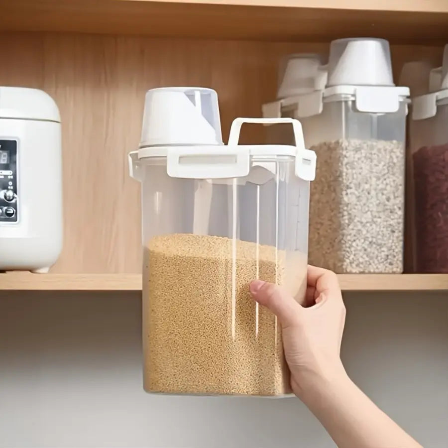 GHQ 4-Pc 2.5L Airtight Seal Rice Dispenser Storage Containers with Measuring Cup & Pour Spout, Plastic Body Kitchen Utensils for Food Preservation Solutions, Kitchen Pantry Cereal Grain Flour Storage,sohochic