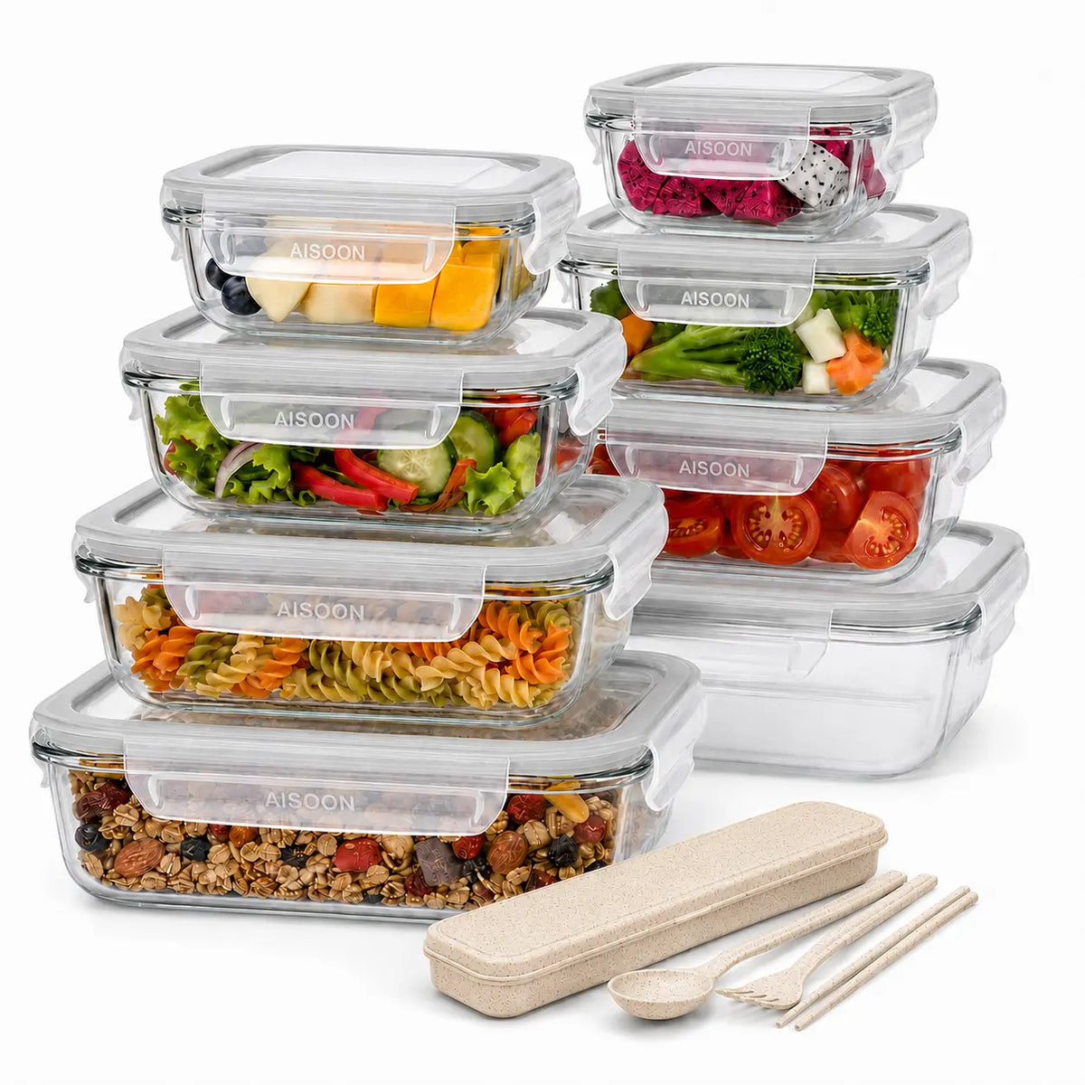 [AISOON Free Gift] 8-Pack Borosilicate Glass Food Storage Containers (8 + 1 Utensil) - Stackable, Airtight BPA-Free Kitchenware, Square Snack Box, Healthy Eating Cereal Containers, Oven-Microwave-Freezer-Dishwasher Safe