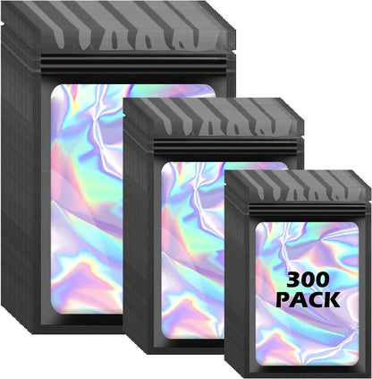 300PCS Black Holographic Mylar Zipper Bags - 3 Sizes Resealable Smell-Proof Pouches with See-Through Window, Manual Sealing & Heat Sealing for Home Supplies, Dried Fruit, Cookies, Nuts Storage