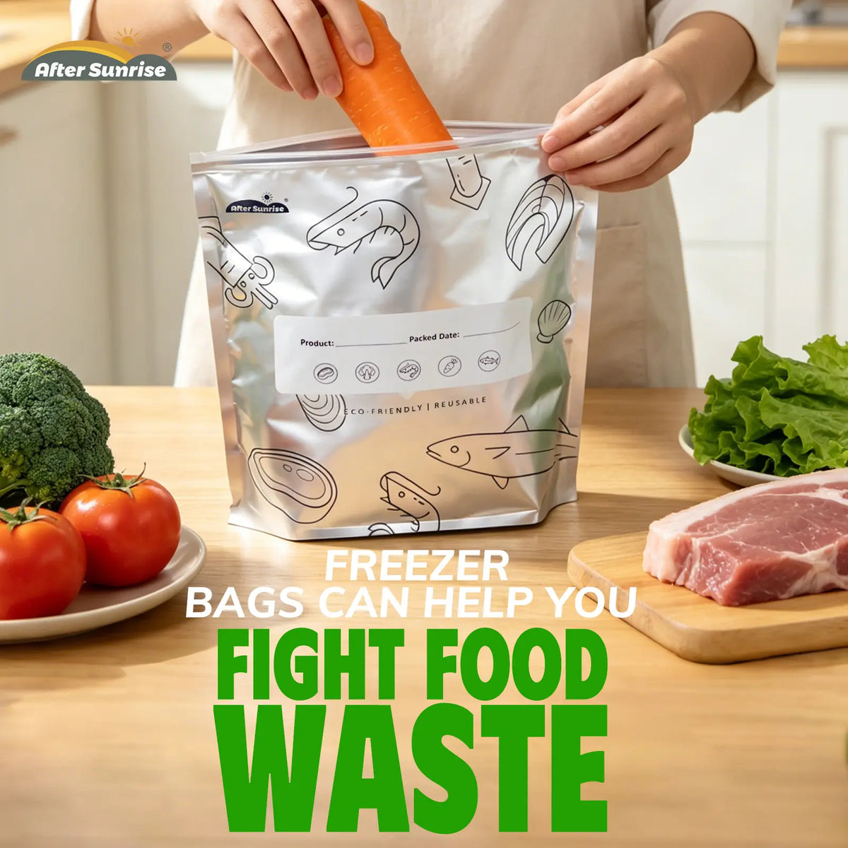 【Refrigerated Food】Reusable Aluminum Foil Sealable Storage Bags, Aftersunrise 2026 New Resealable Vacuum Zipper Pouches for Food, Stand Up Foil Sealable Bags with Label and Zip Lock for Vegetable Fruit Meat