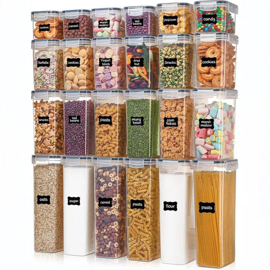 24pcs Multi-Size Airtight Stackable Plastic Food Storage Container Set Bundle - Snack Container, Pasta Jar, Secure Lid, Kitchen Organizer, Food Cover, Incl. Labels & Marker, Helps Keep Snacks and Grains Fresher for Pantry Use