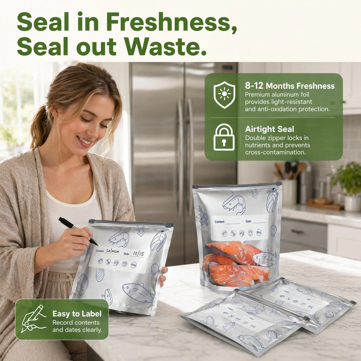 90PCS 3 Size Reusable Aluminum Foil Sealable StorageBags 2026 New Resealable Vacuum Zipper Pouches forFood Stand Up Foil Sealable Bags with Label and Zip Lockfor Vegetable Fruit Meat