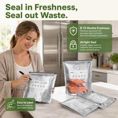 90PCS 3 Size Reusable Aluminum Foil Sealable StorageBags 2026 New Resealable Vacuum Zipper Pouches forFood Stand Up Foil Sealable Bags with Label and Zip Lockfor Vegetable Fruit Meat